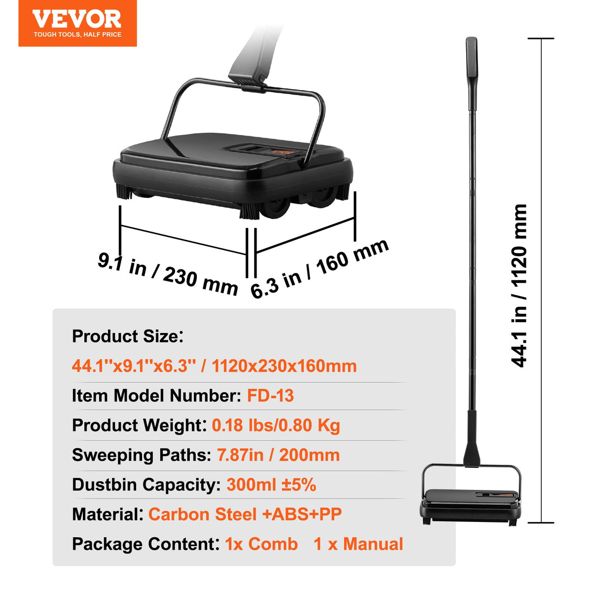 Carpet Sweeper 200mm Manual Non-Electric 300ml Dustbin Rugs Hardwood Laminate