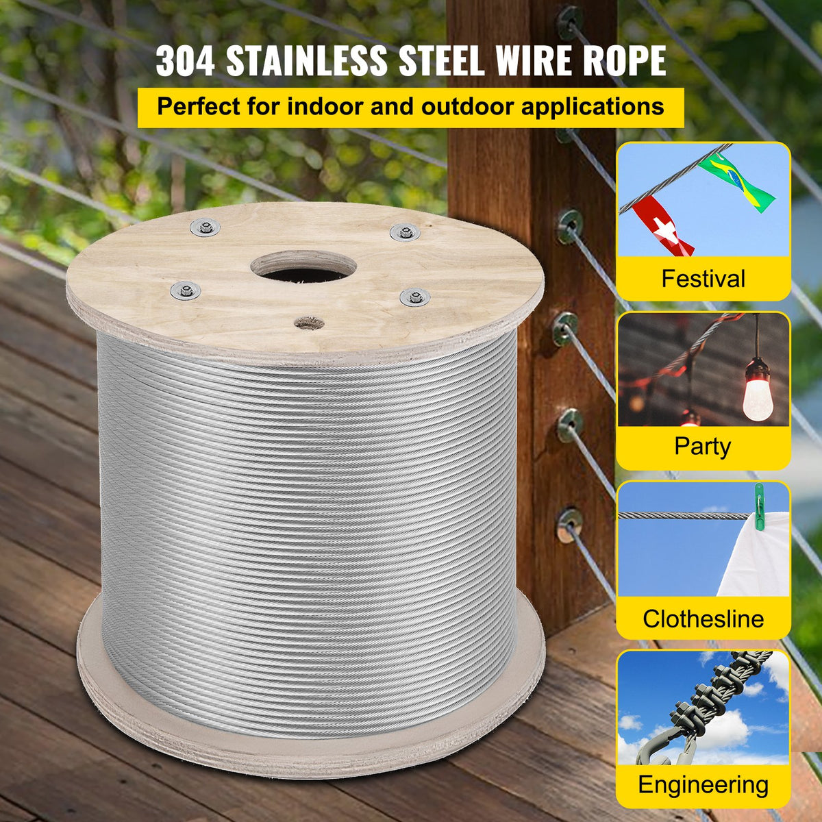 Stainless Steel Cable 6.4mm 61m 7x19 Wire Rope Marine Grade for Deck Rail Fence