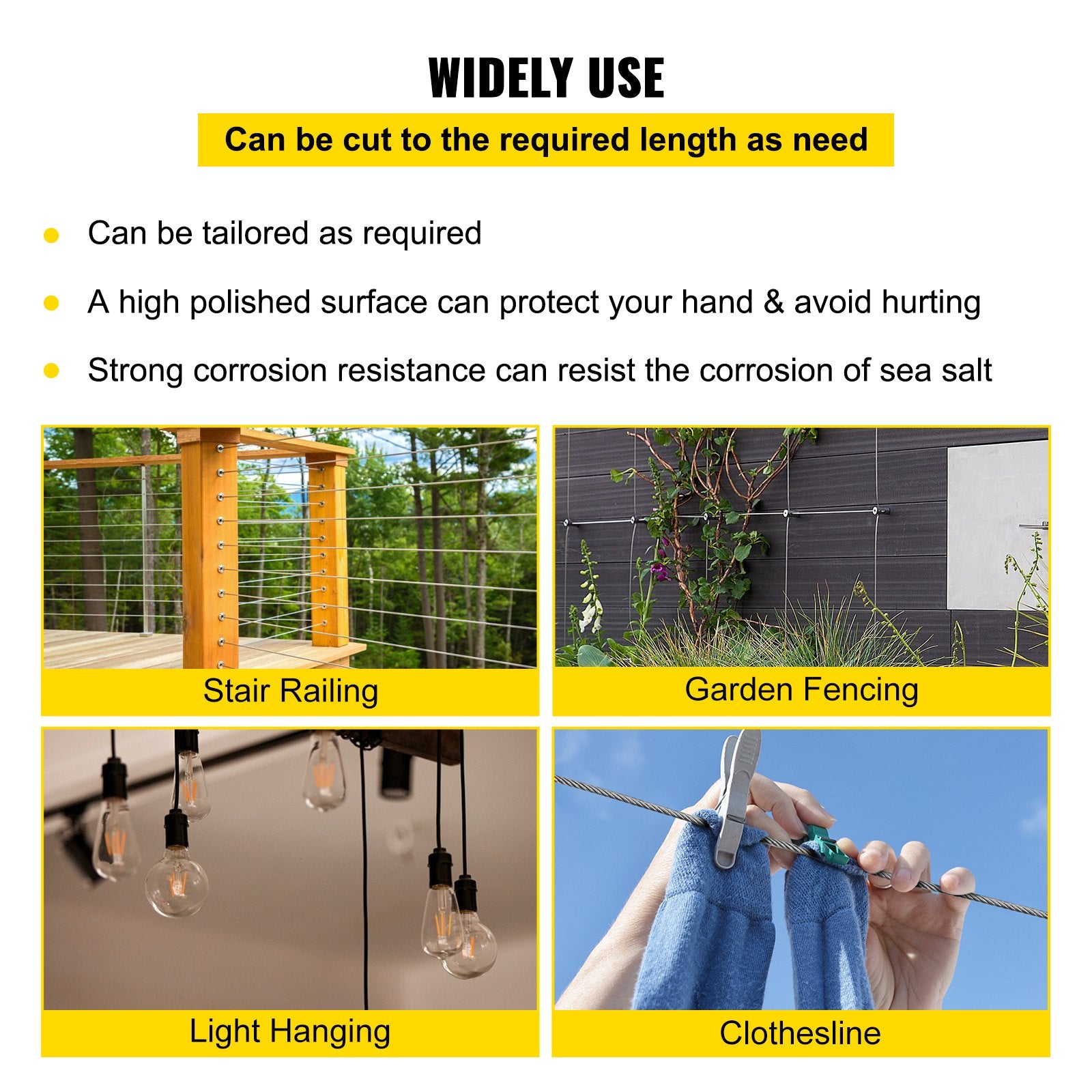 Stainless Steel Cable 6.4mm 61m 7x19 Wire Rope Marine Grade for Deck Rail Fence