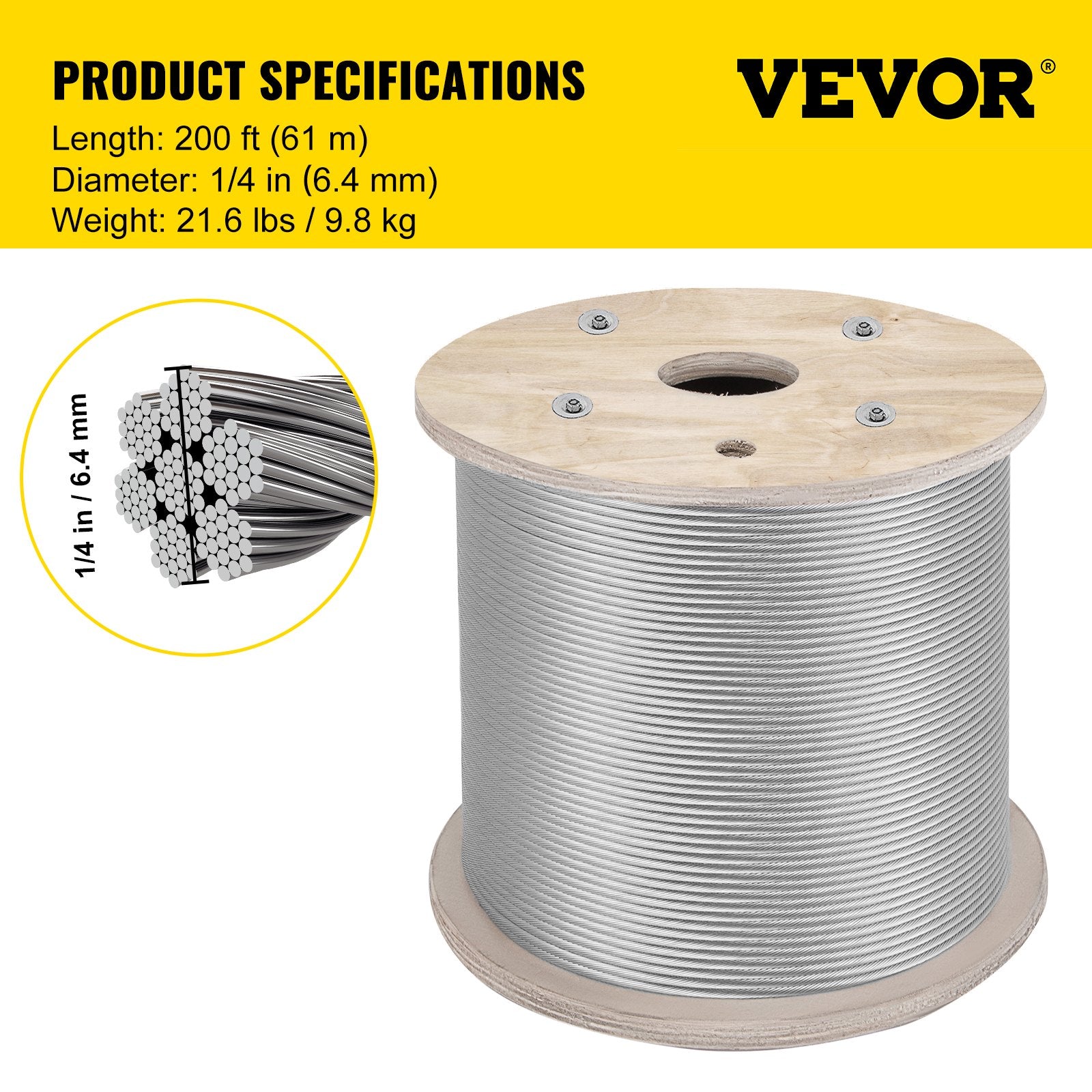 Stainless Steel Cable 6.4mm 61m 7x19 Wire Rope Marine Grade for Deck Rail Fence