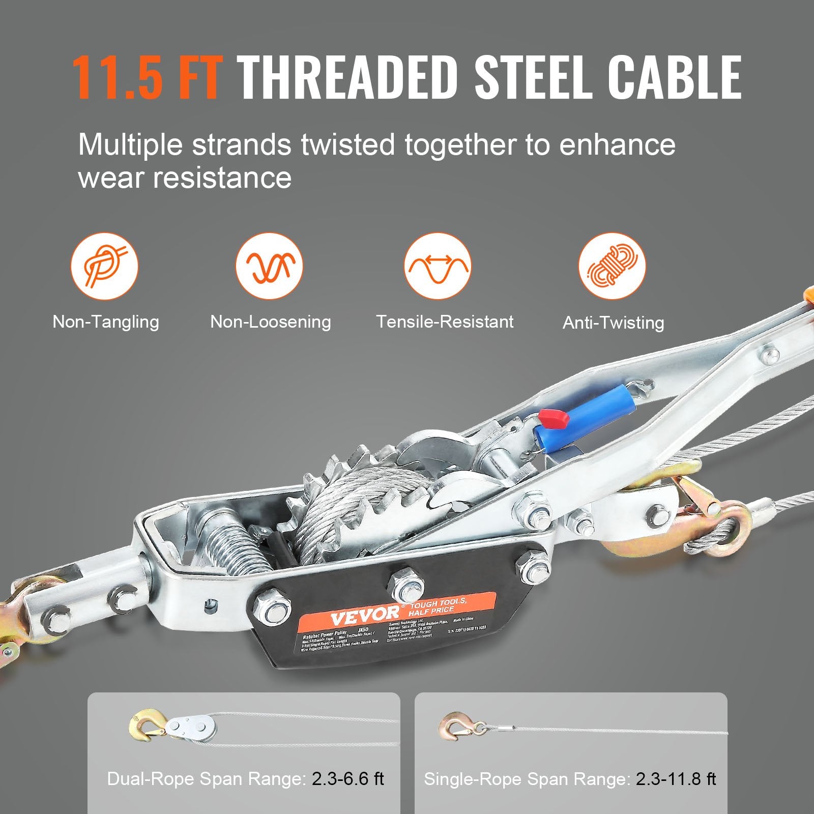 Come Along Winch, Heavy Duty Ratchet Power Puller, 5 Ton, 3.5 m Steel Cable