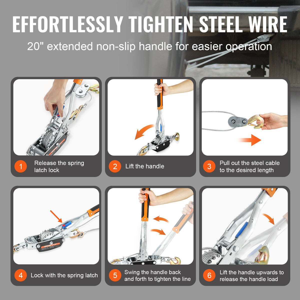 Come Along Winch, Heavy Duty Ratchet Power Puller, 5 Ton, 3.5 m Steel Cable
