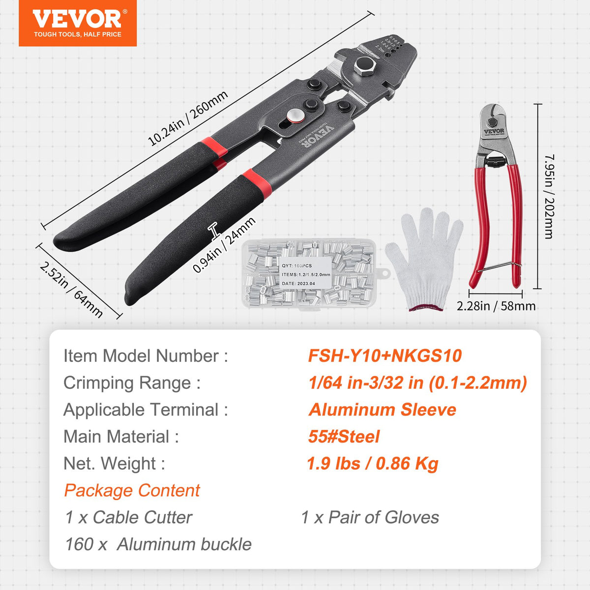 Crimping Tool Up To 2.2mm Wire Rope with Cutter 160pcs Aluminum Buckles Teflon