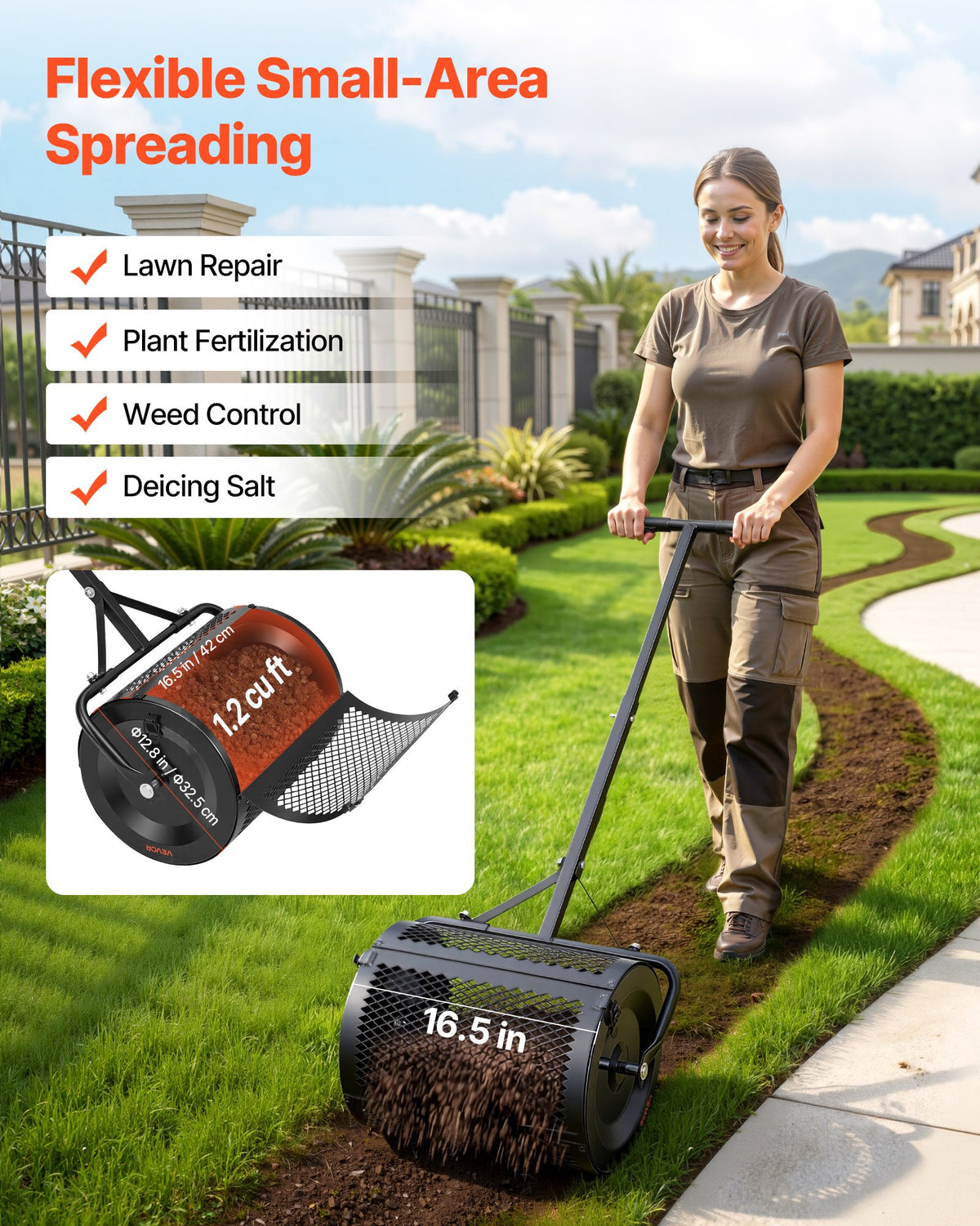 Compost Spreader 42 cm Peat Moss Roller T Handle with Adjustable Height