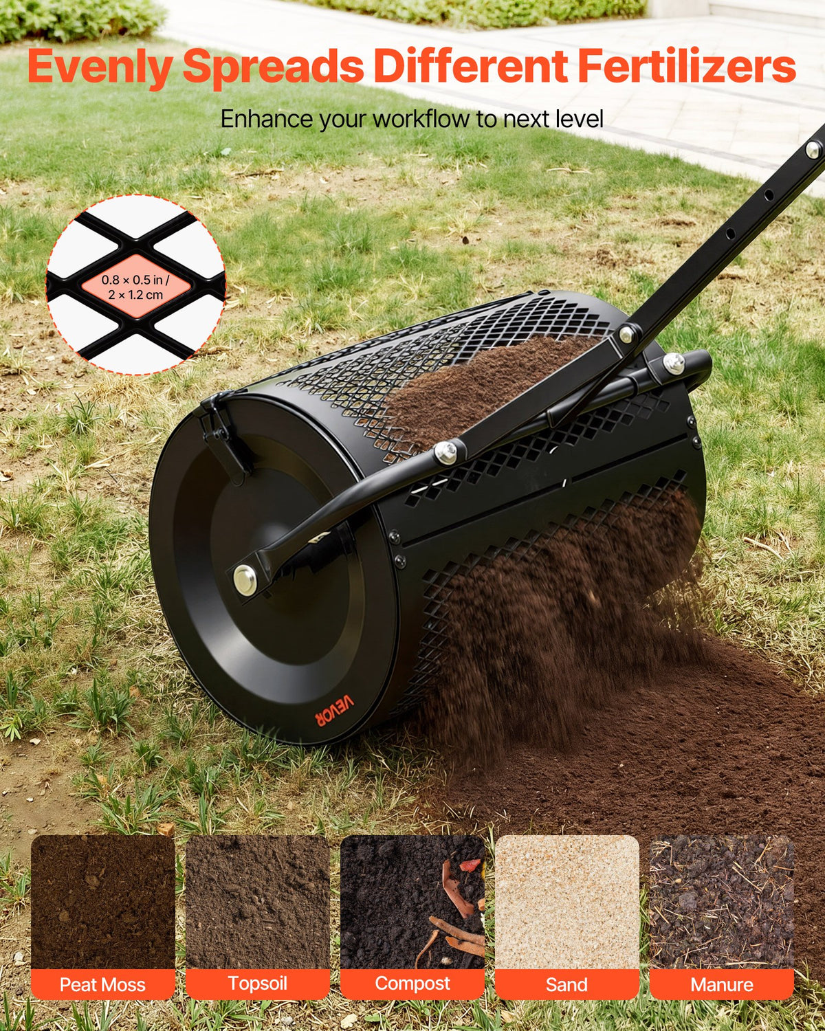 Compost Spreader 42 cm Peat Moss Roller T Handle with Adjustable Height