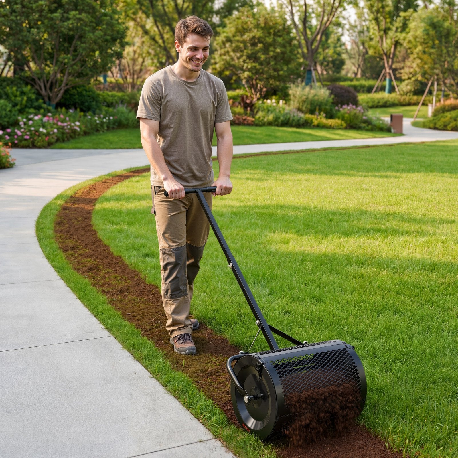 Compost Spreader 42 cm Peat Moss Roller T Handle with Adjustable Height