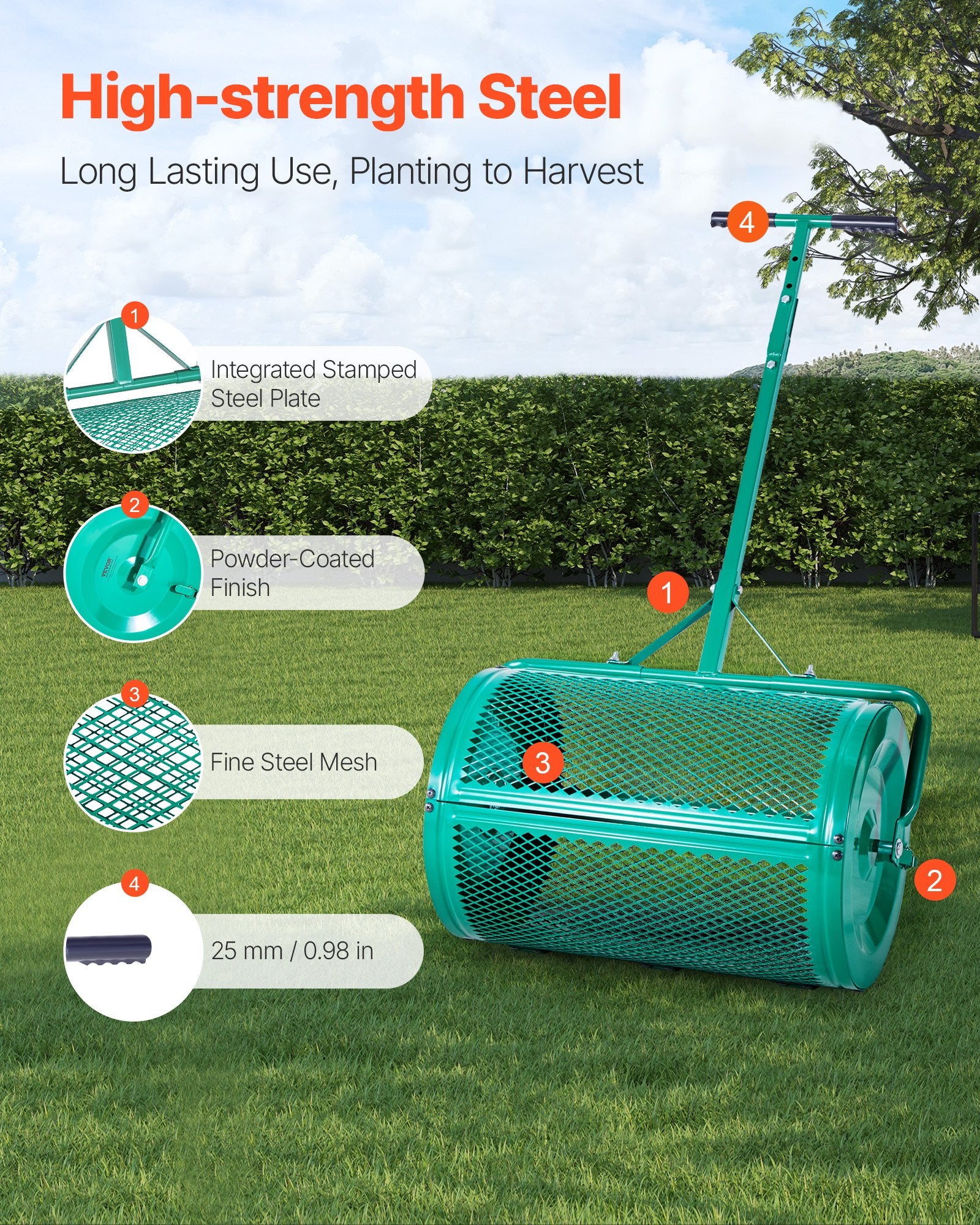 24in Compost Spreader w/ Adjustable Handle Heavy Duty Peat Moss Roller