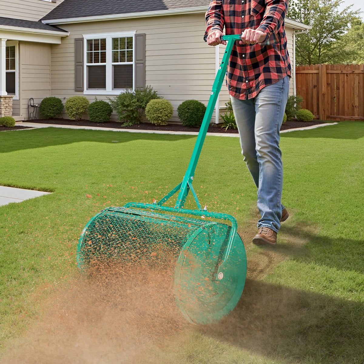 24in Compost Spreader w/ Adjustable Handle Heavy Duty Peat Moss Roller