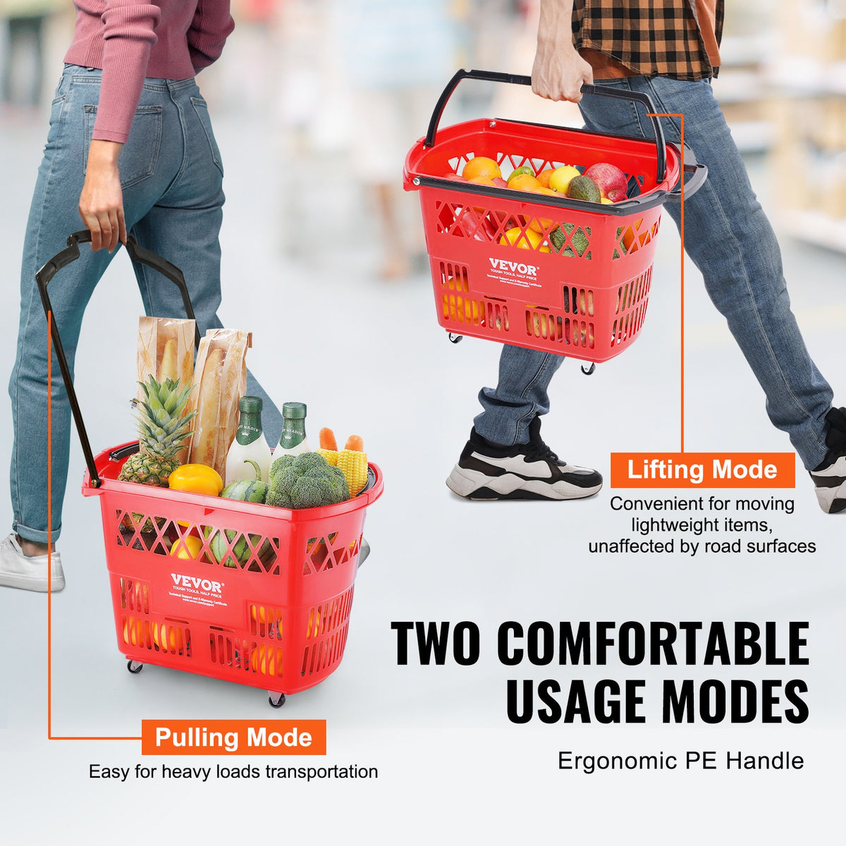 Shopping Baskets 6PCS 39L Rolling Plastic Baskets with Handles and Wheels Red