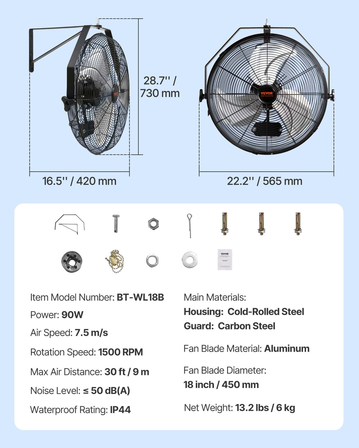 Wall Fan, 57cm Waterproof 3-Speed Commercial Residential Fan 4150CFM Black