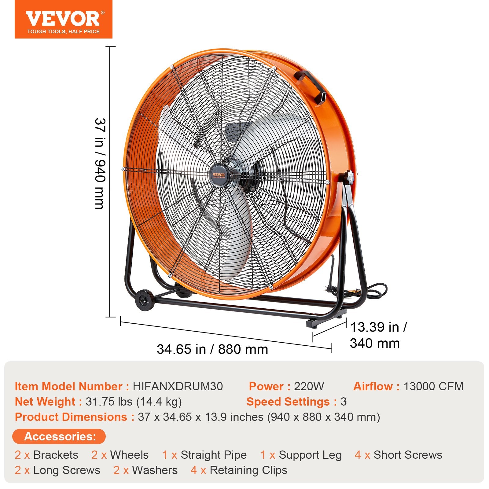 Drum Fan, 30 Inch High Velocity Industrial Floor Fan 3-Speed 13000CFM Adjustable
