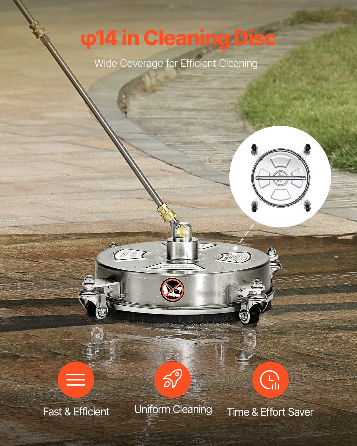Pressure Washer Surface Cleaner 14 Inch Stainless Steel 4000PSI 4 Nozzles