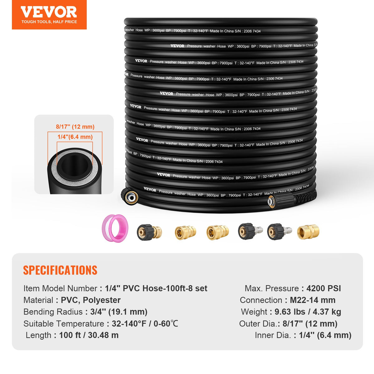 High Pressure Power Washer Hose 100FT 4200 PSI 1/4" Quick Connection
