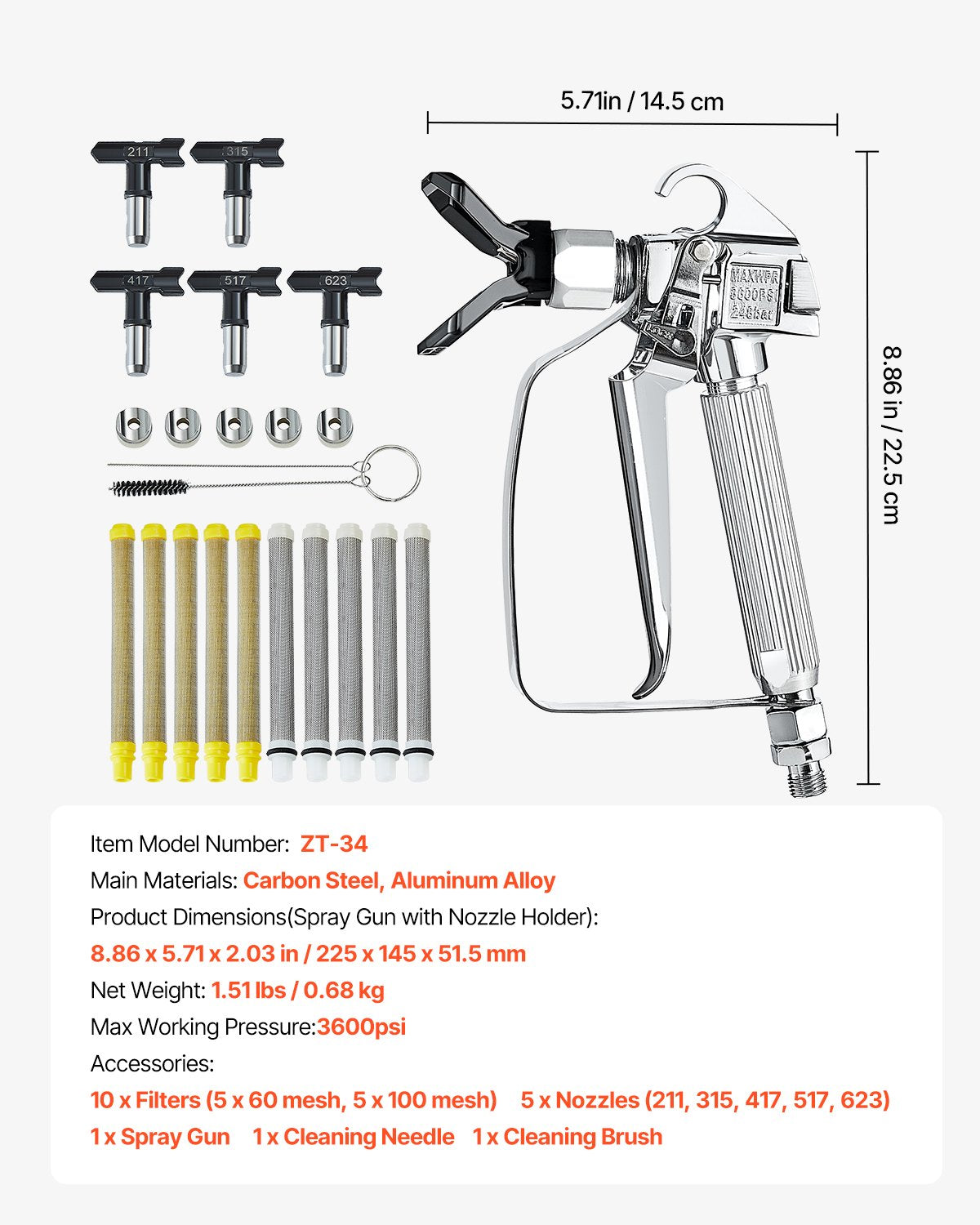 Airless Paint Spray Gun 3600PSI High Pressure with 5 Tips Swivel Joint Kit