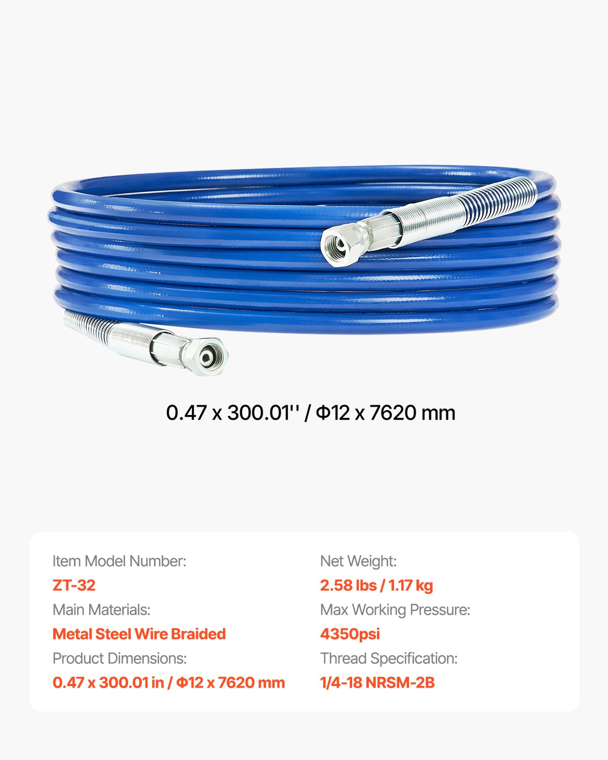 Airless Paint Sprayer Hose, 1/4 in High Pressure 4350 PSI Reinforced 25ft
