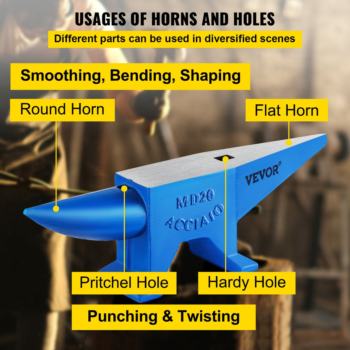 Single Horn Anvil 44lbs, Blacksmith Forge Tool with Round & Square Hole for Metalsmiths