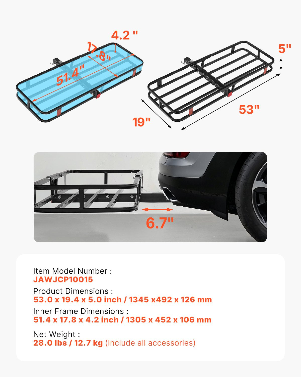Hitch Cargo Carrier 53x19x5" 500lbs Stabilizer Straps Cargo Net SUVs