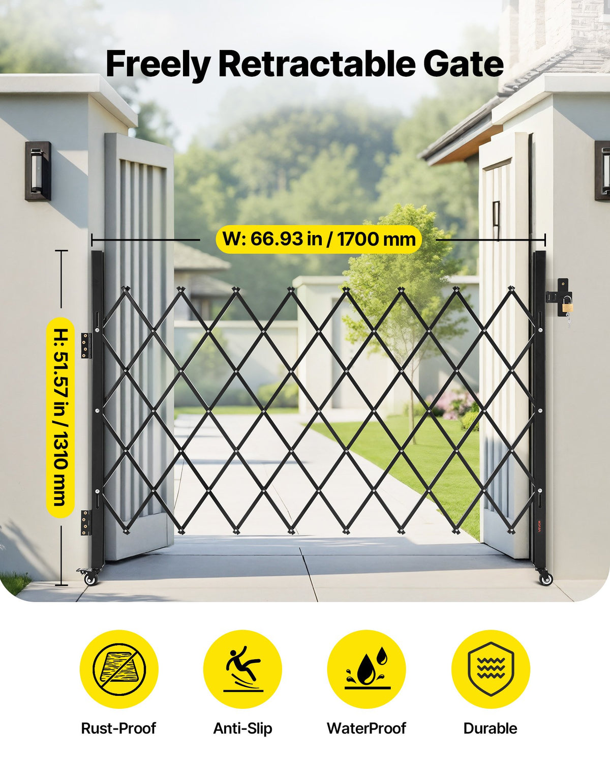 Single Folding Security Gate 1700x1310mm Lockable Scissor 360° Swivel Casters