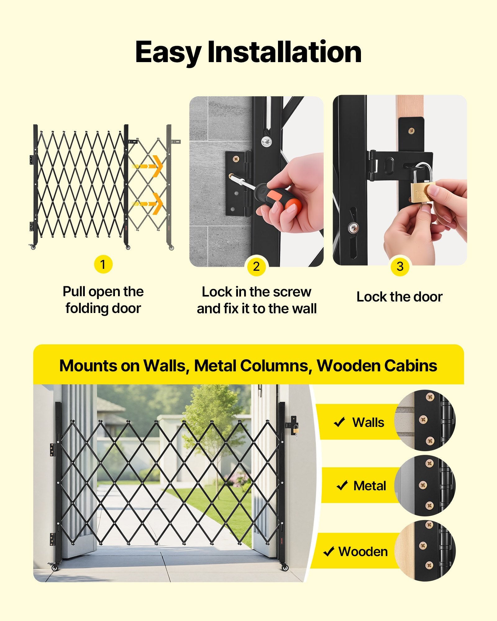 Single Folding Security Gate 1700x1310mm Lockable Scissor 360° Swivel Casters