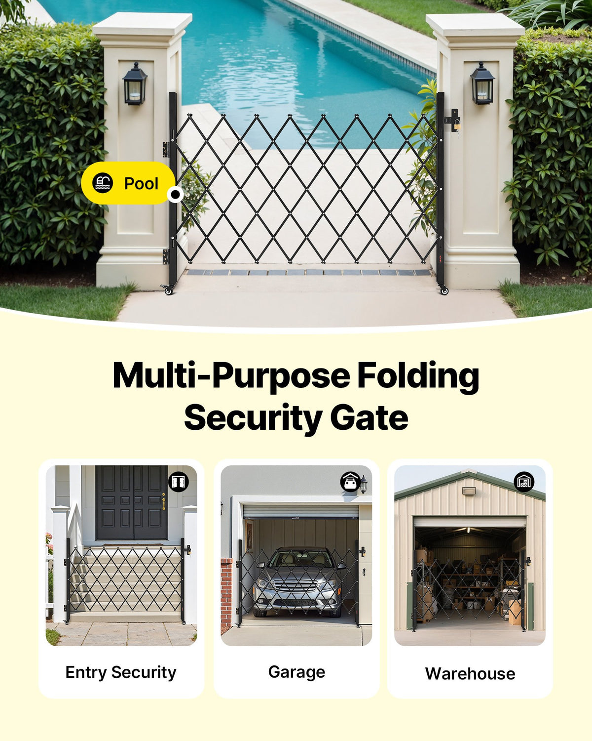 Single Folding Security Gate 1700x1310mm Lockable Scissor 360° Swivel Casters