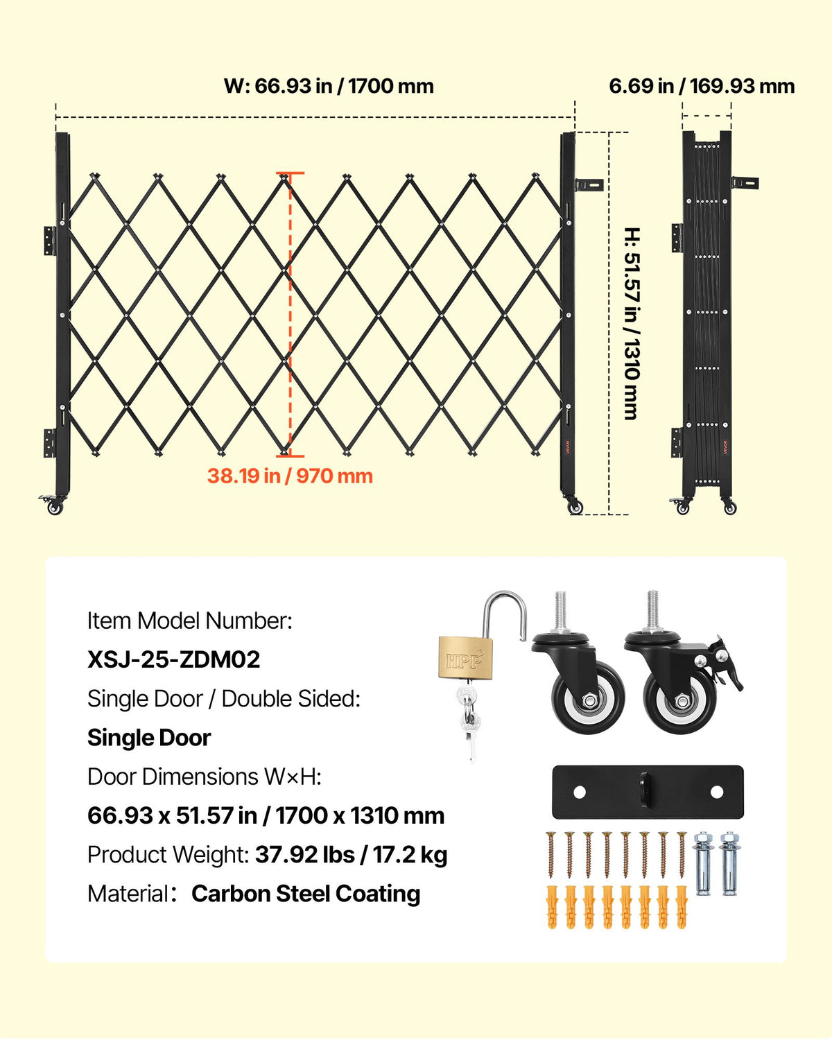 Single Folding Security Gate 1700x1310mm Lockable Scissor 360° Swivel Casters