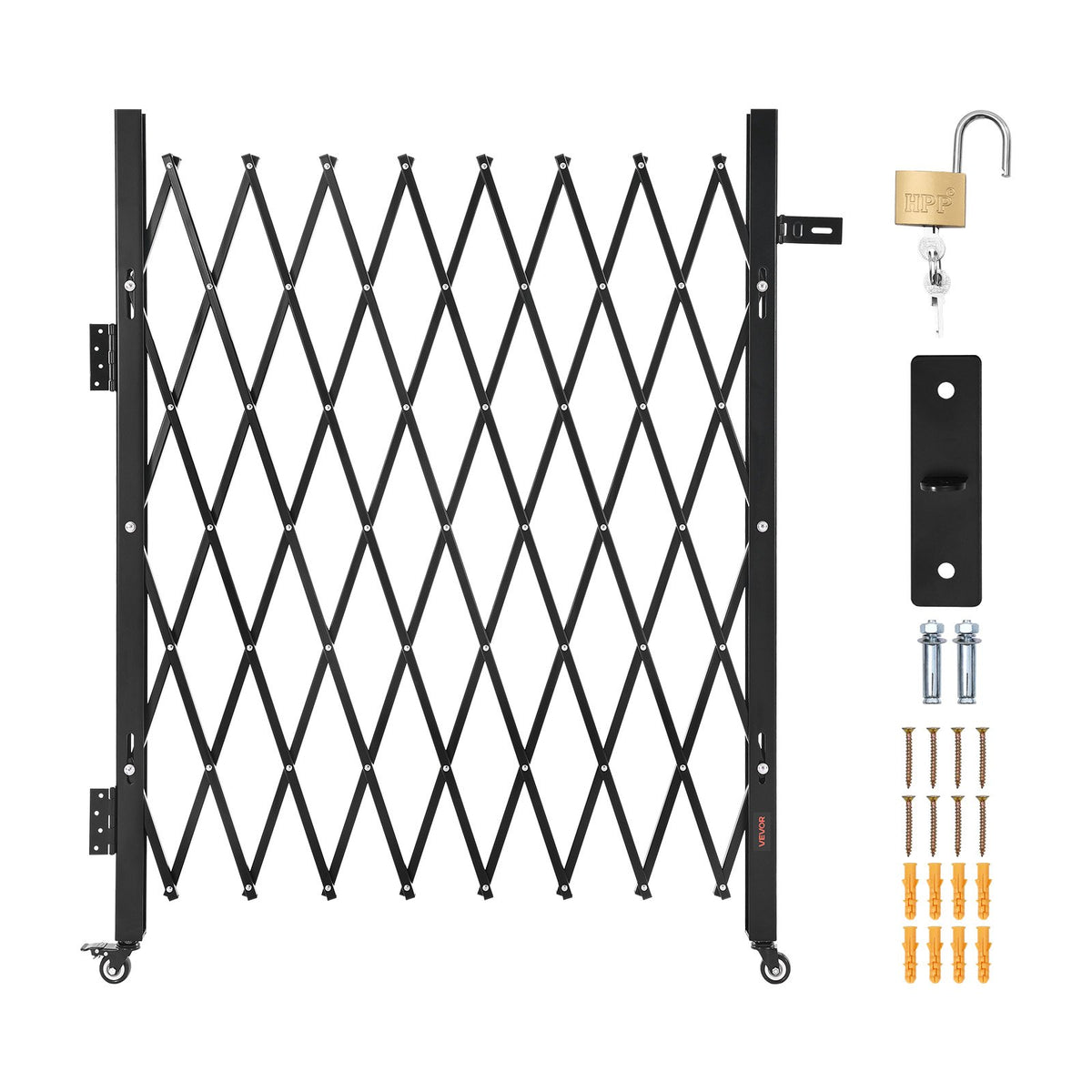 Single Folding Security Gate 1700x1310mm Lockable Scissor 360° Swivel Casters
