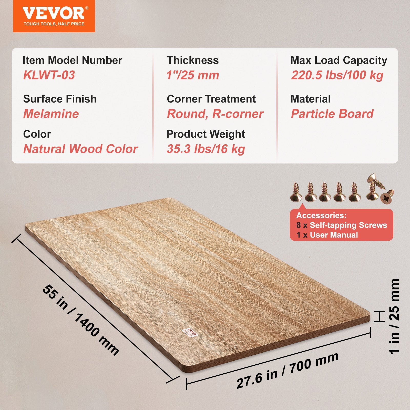 Table Top 55x27.6x1in One-Piece Desktop for Adjustable Electric Desk Frame