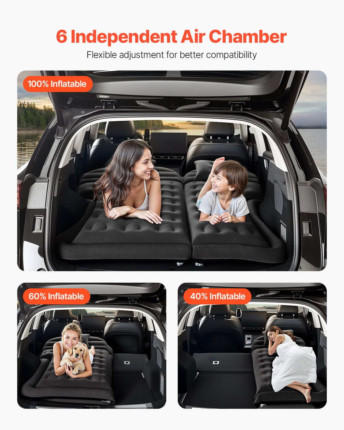 Inflatable Car Air Mattress for Camping, Travel Bed with Pump, 2 Pillows, Black