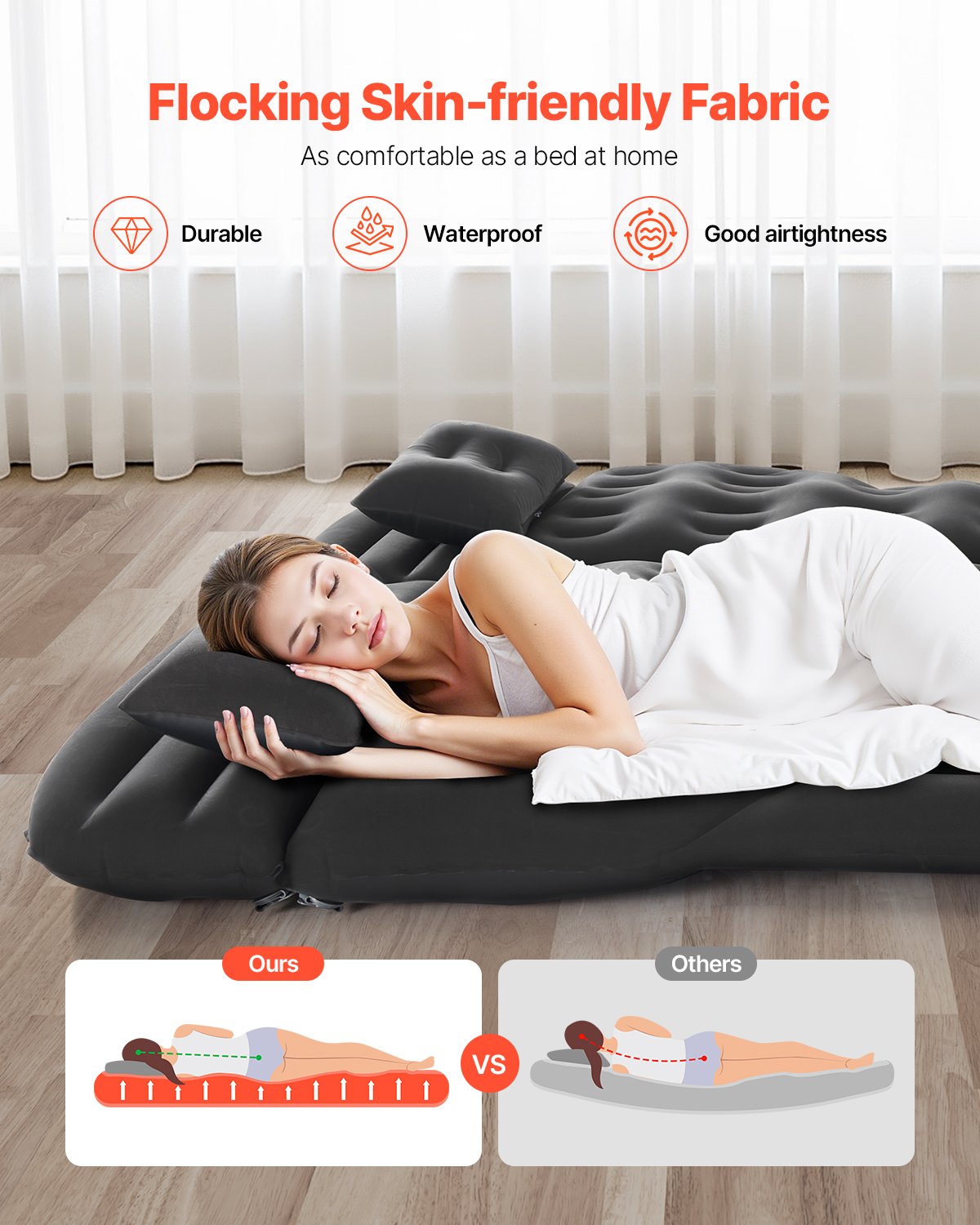 Inflatable Car Air Mattress for Camping, Travel Bed with Pump, 2 Pillows, Black