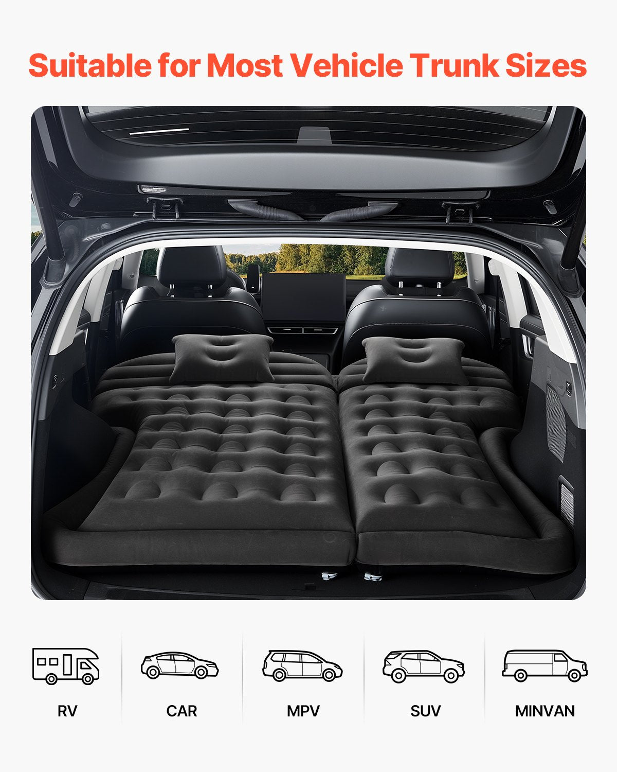 Inflatable Car Air Mattress for Camping, Travel Bed with Pump, 2 Pillows, Black