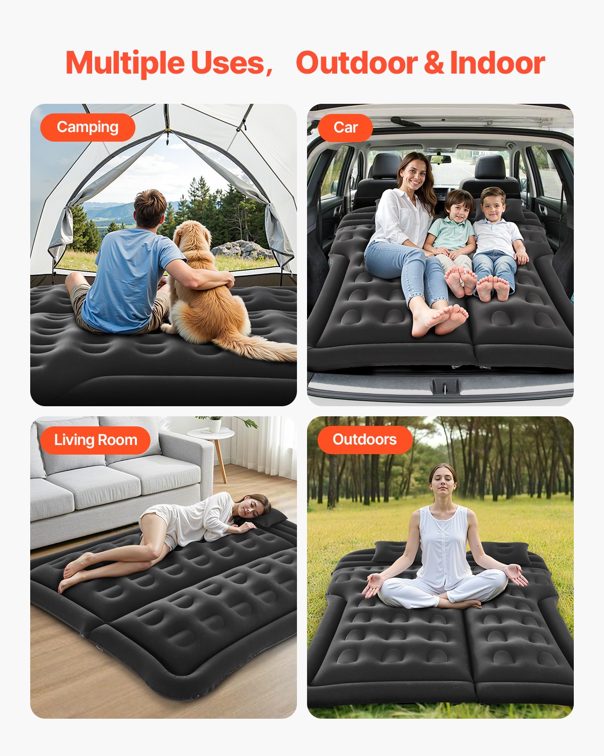 Inflatable Car Air Mattress for Camping, Travel Bed with Pump, 2 Pillows, Black