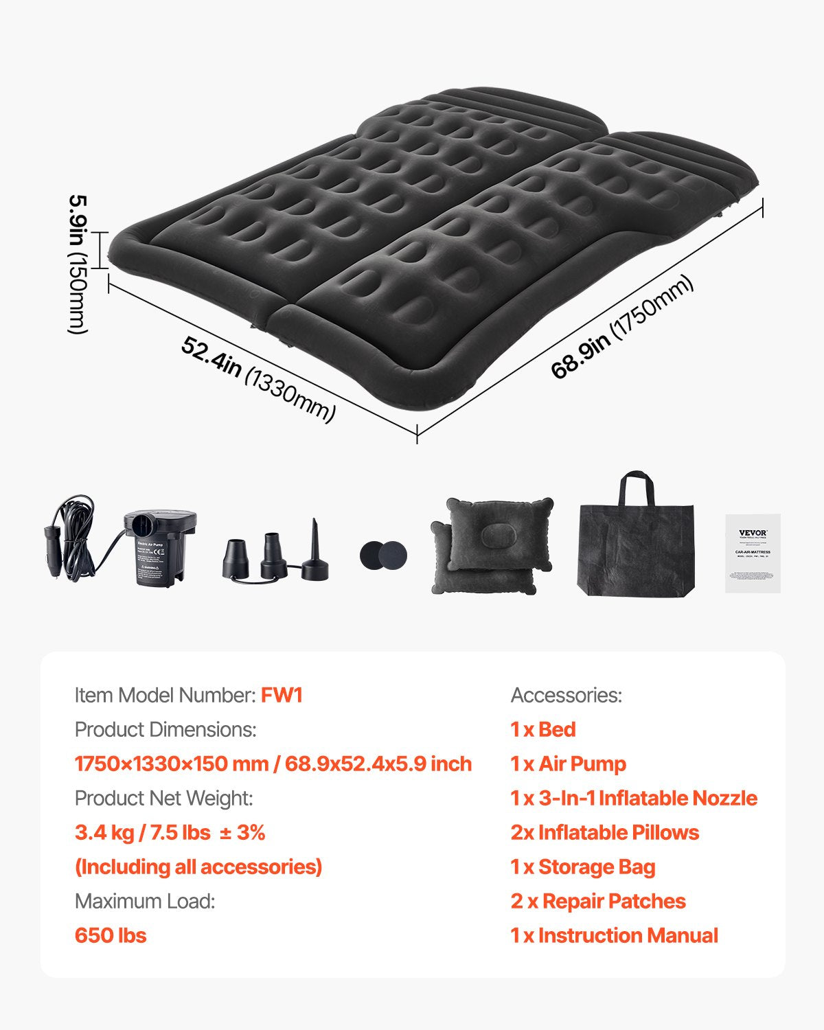 Inflatable Car Air Mattress for Camping, Travel Bed with Pump, 2 Pillows, Black