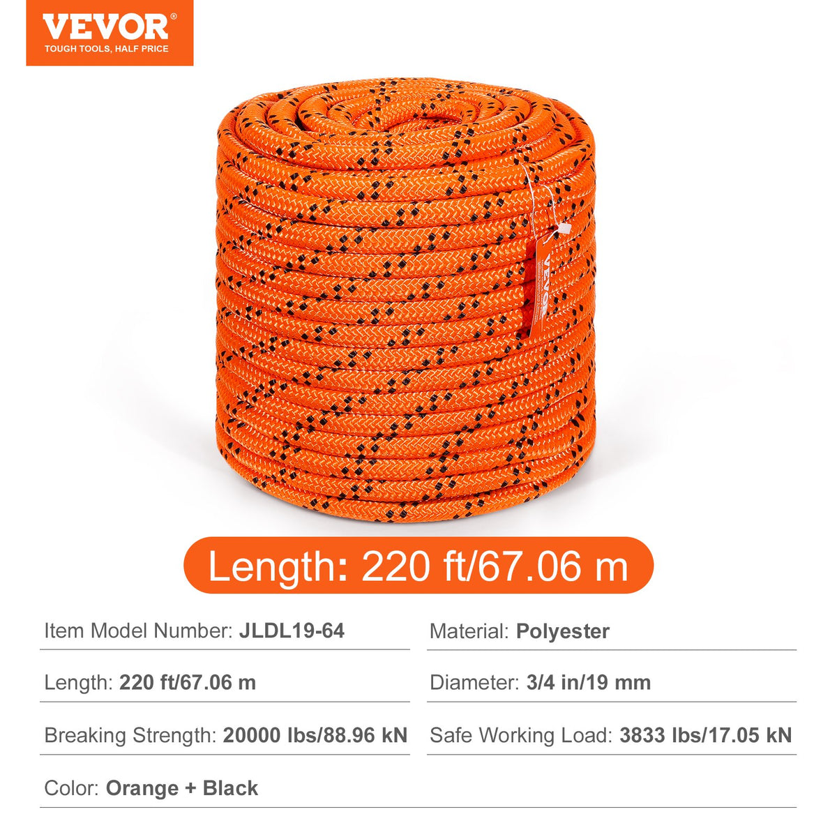 Double Braided Polyester Rope 19mm x 67.06m Outdoor Climbing Rigging Rope