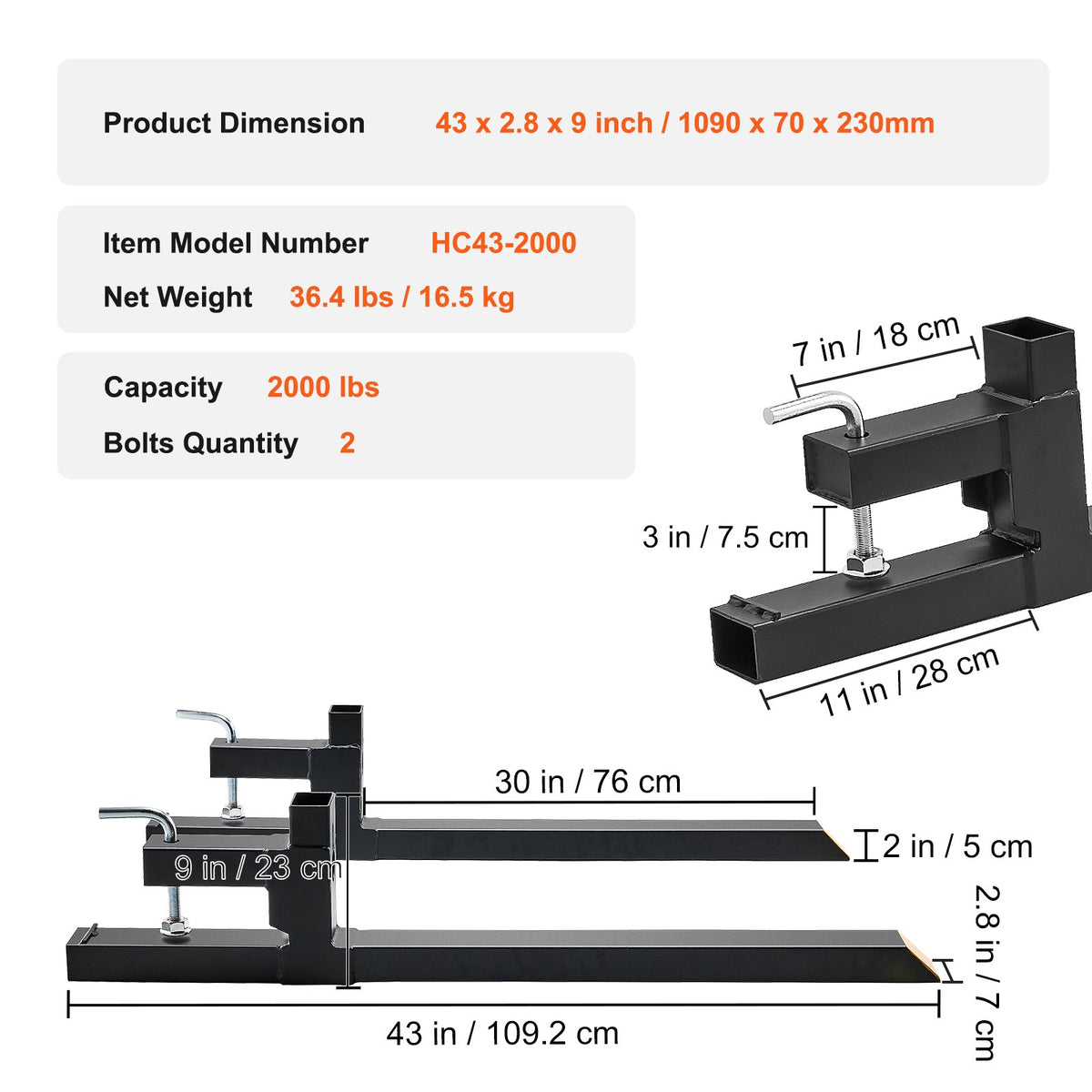 Clamp On Pallet Forks, 907kg Capacity Heavy Duty Tractor Bucket Forks
