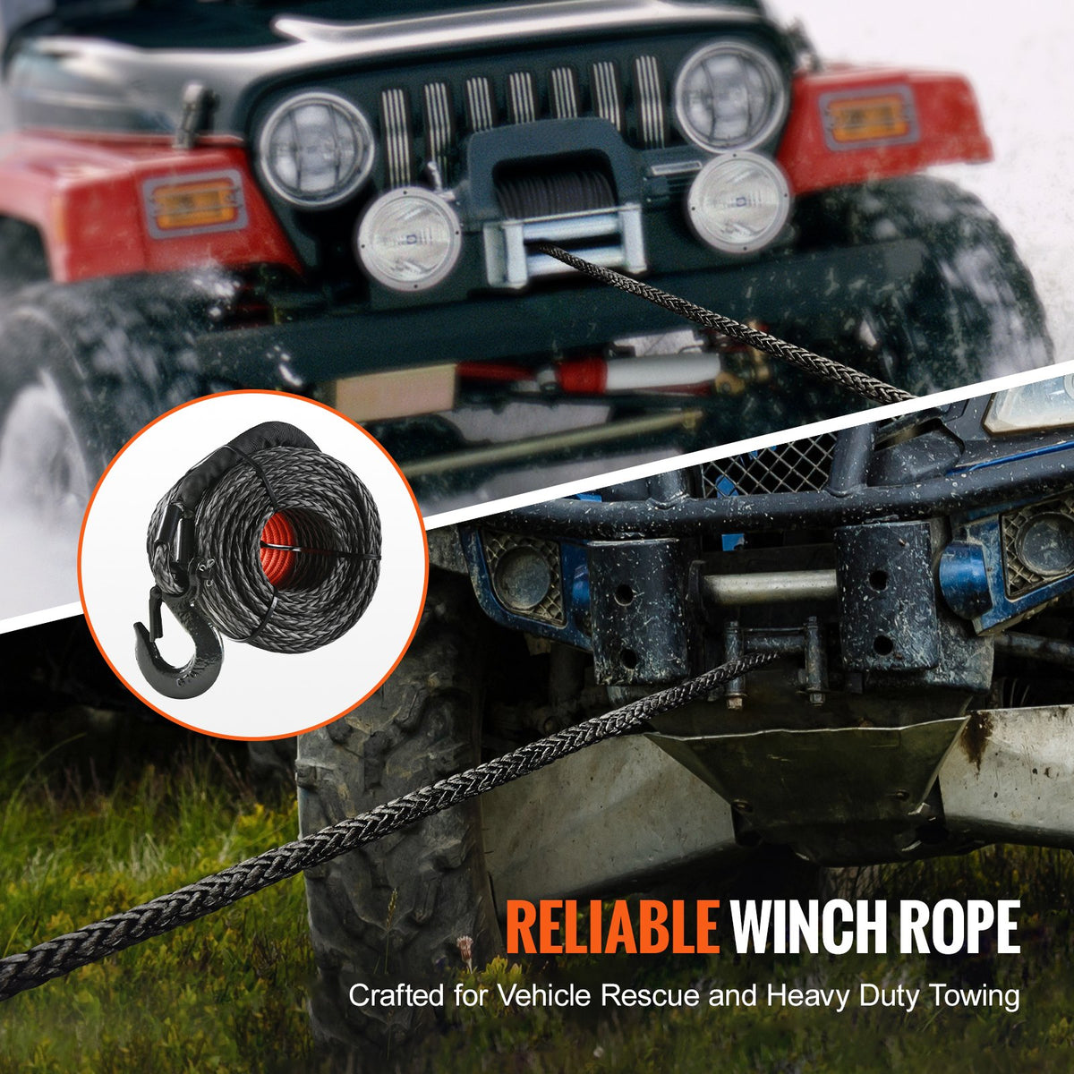 Synthetic Winch Rope 12.7mm x 28m 142.3kN with Hook, Sleeve & Pull Strap