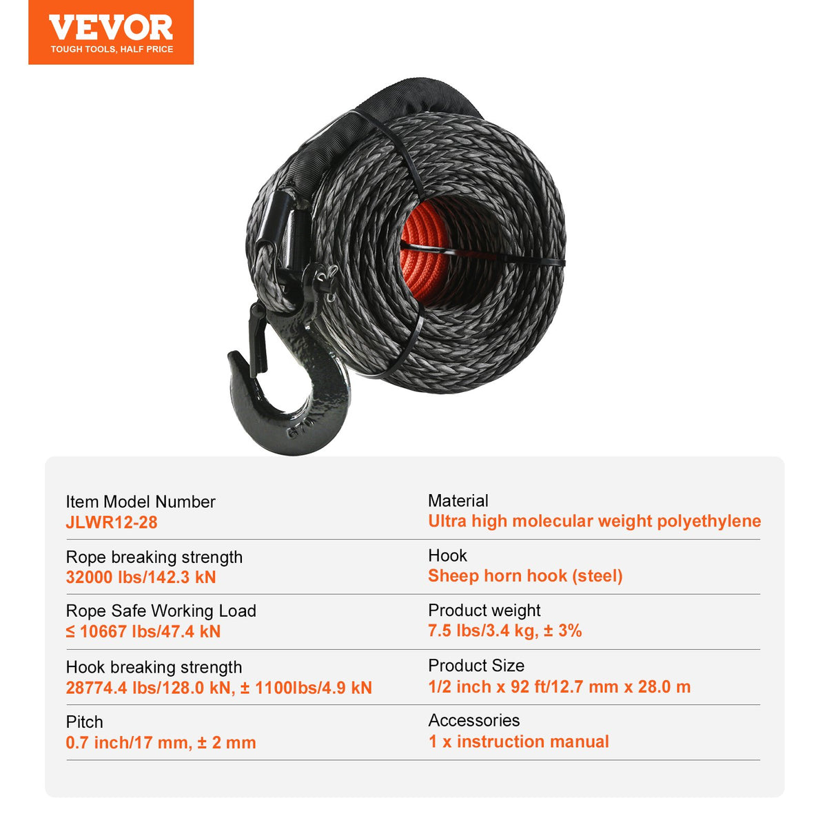 Synthetic Winch Rope 12.7mm x 28m 142.3kN with Hook, Sleeve & Pull Strap