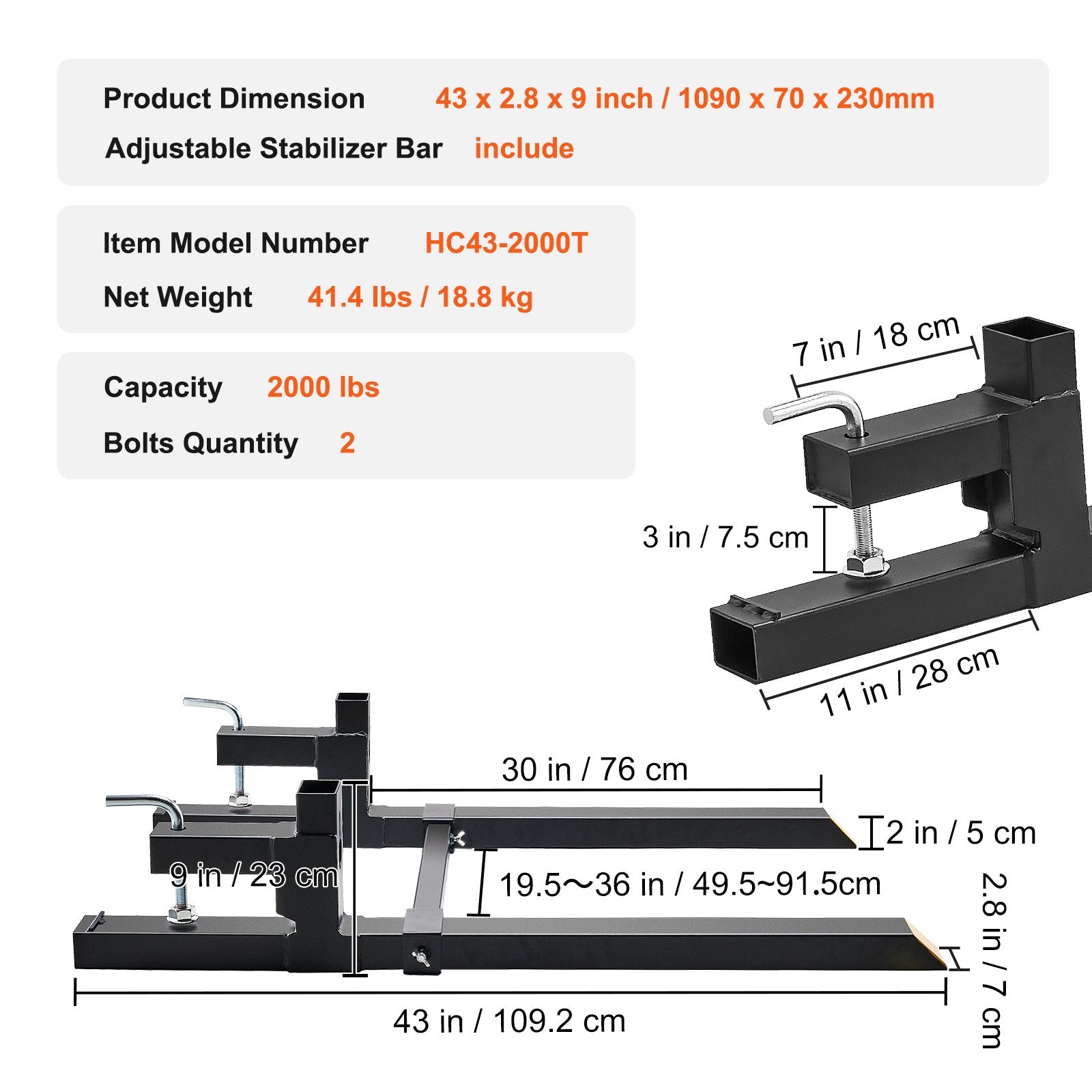 Clamp On Pallet Forks, 907 kg Heavy Duty Tractor Bucket Forks with Stabilizer Bar