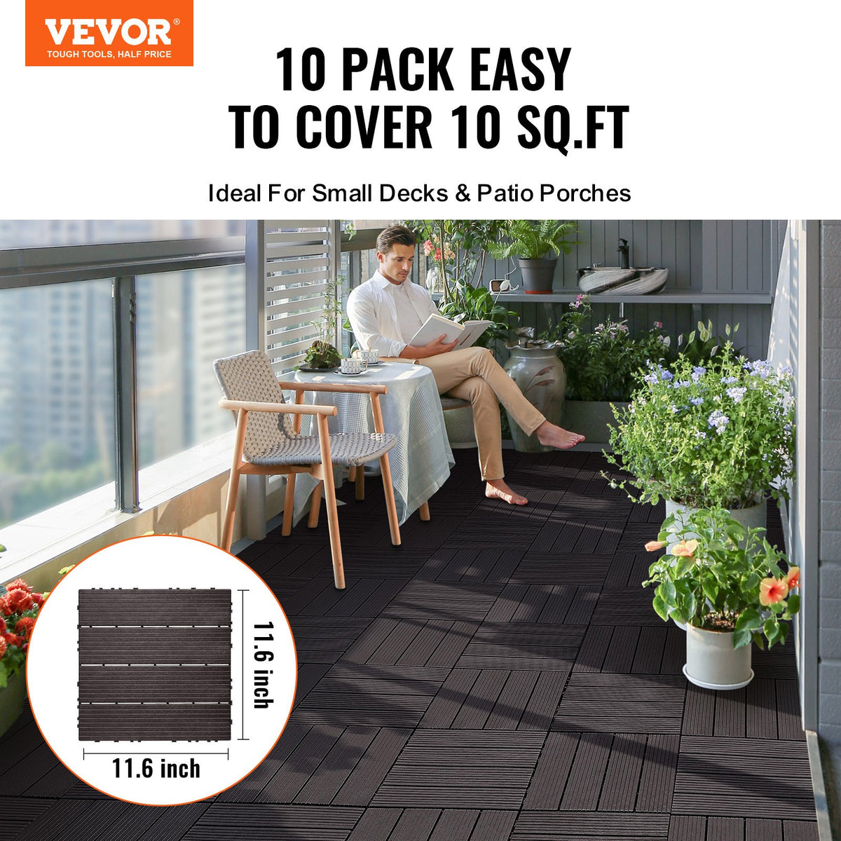 Deck Tiles Interlocking 10 Pack 12x12 Inch Plastic Waterproof Outdoor Brown