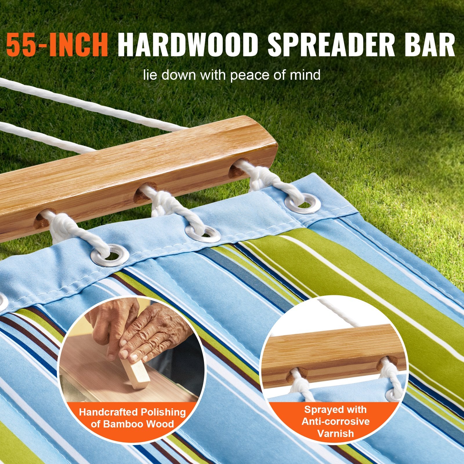 Hammock Double Quilted Fabric 12ft Hardwood Spreader Bar Detachable Pillow 480lb