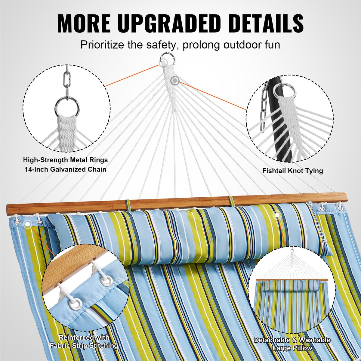 Hammock Double Quilted Fabric 12ft Hardwood Spreader Bar Detachable Pillow 480lb