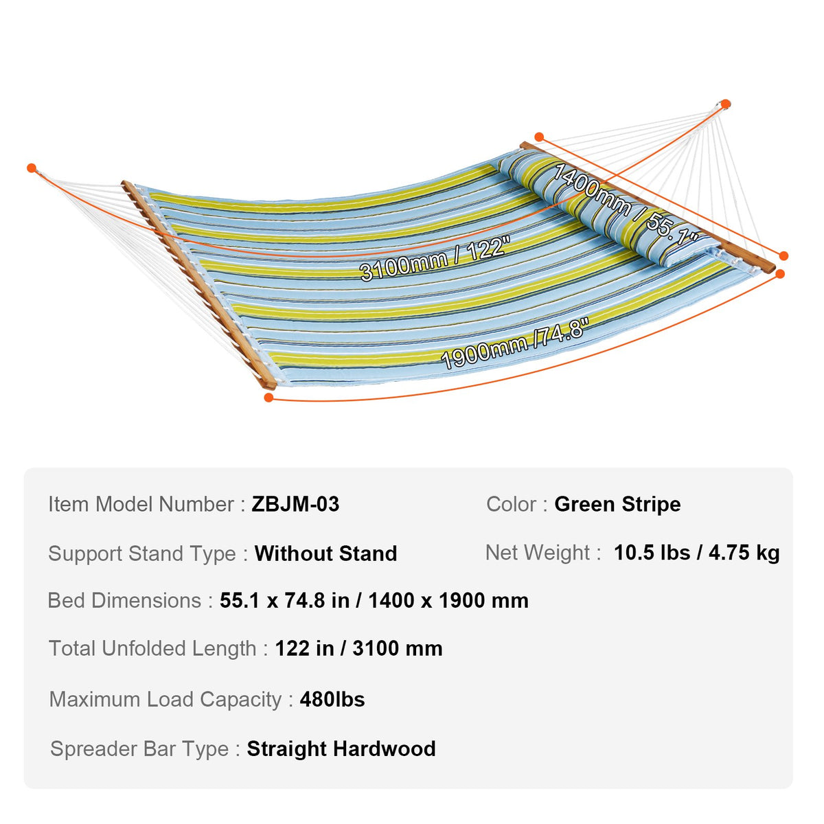 Hammock Double Quilted Fabric 12ft Hardwood Spreader Bar Detachable Pillow 480lb