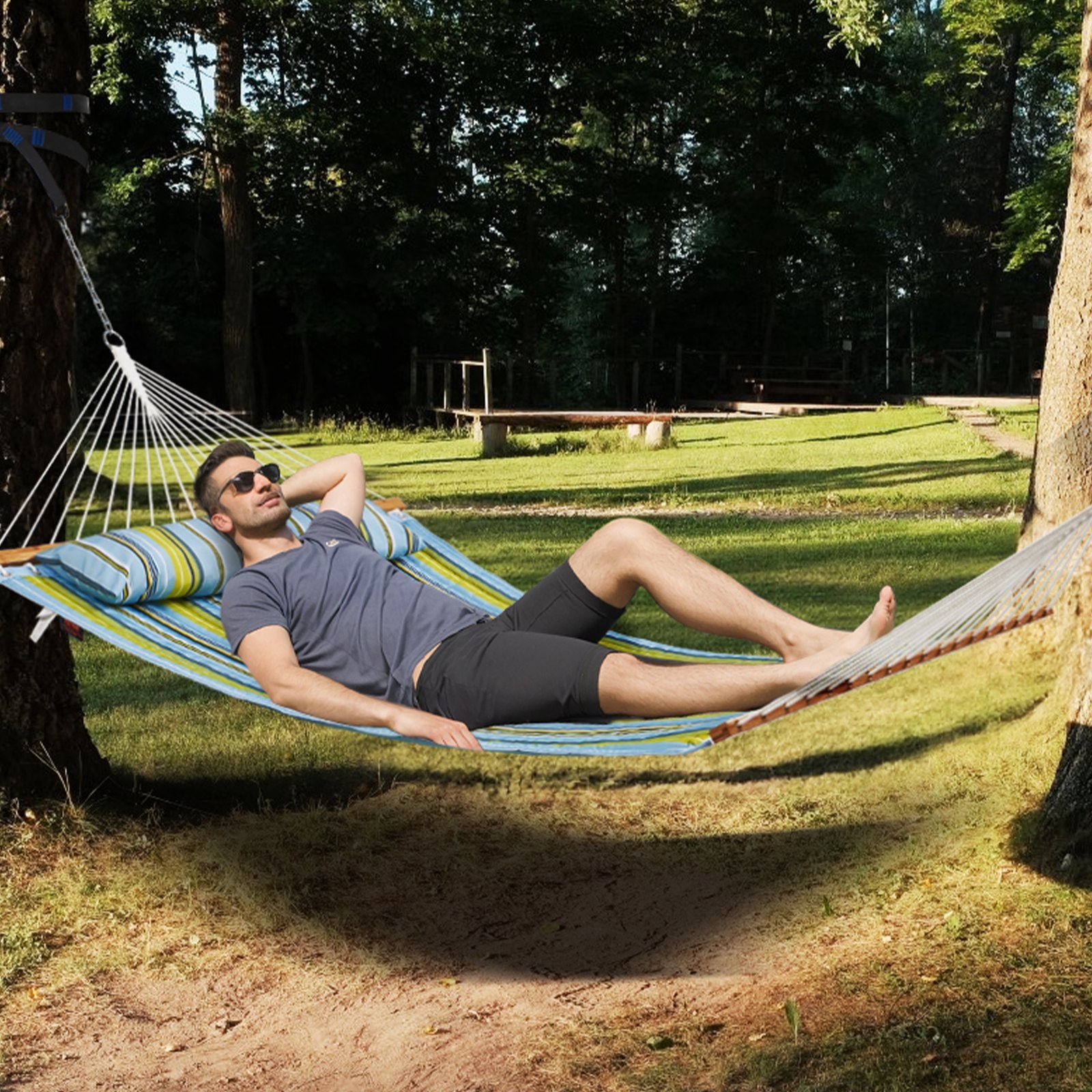 Hammock Double Quilted Fabric 12ft Hardwood Spreader Bar Detachable Pillow 480lb