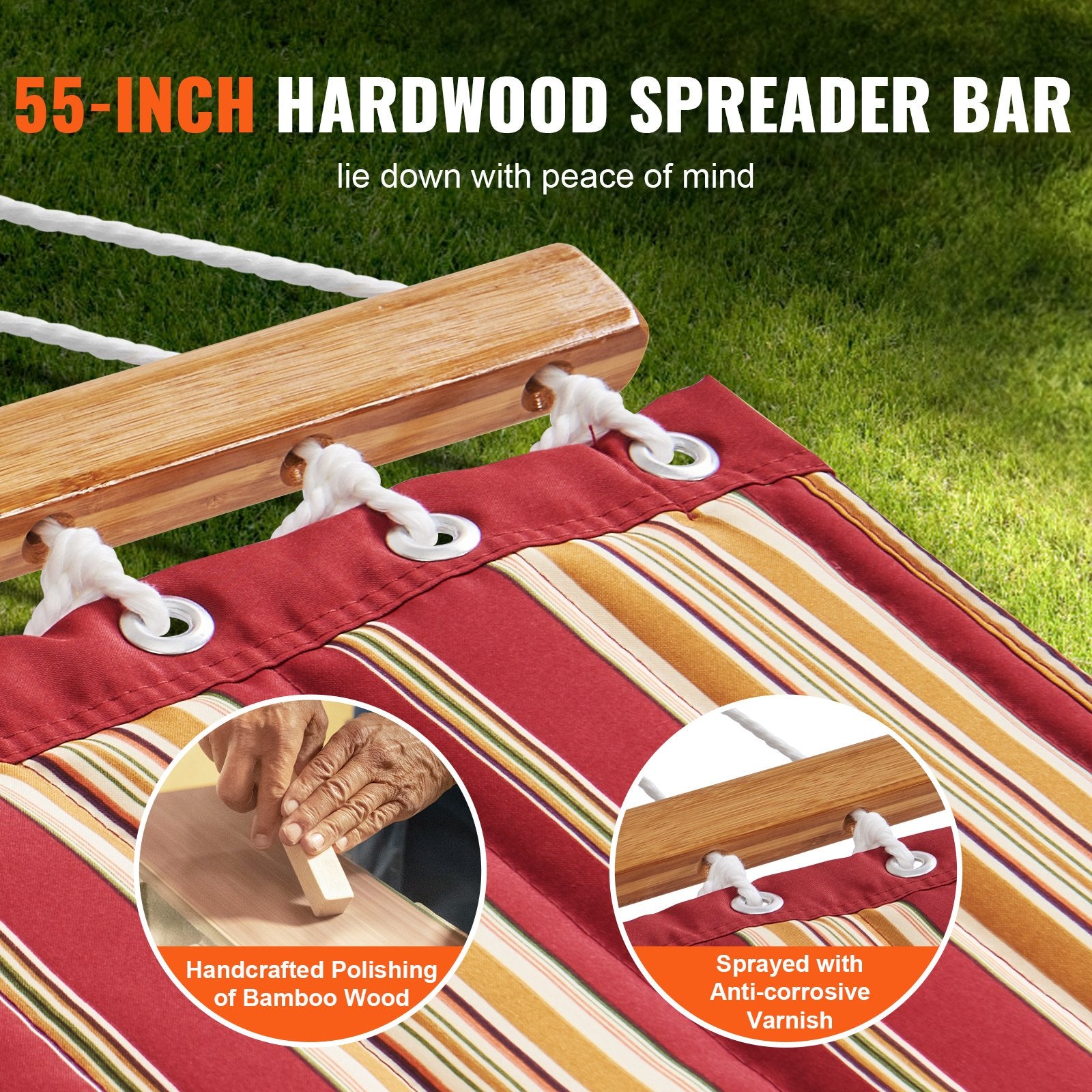 Hammock Double Quilted Fabric 12ft Hardwood Spreader Bar Detachable Pillow 480lb