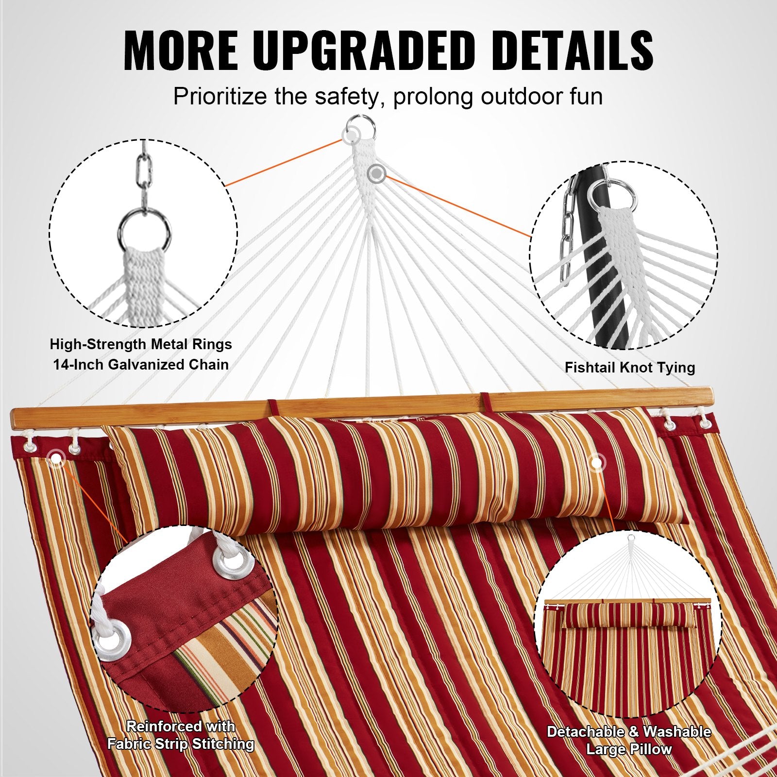 Hammock Double Quilted Fabric 12ft Hardwood Spreader Bar Detachable Pillow 480lb
