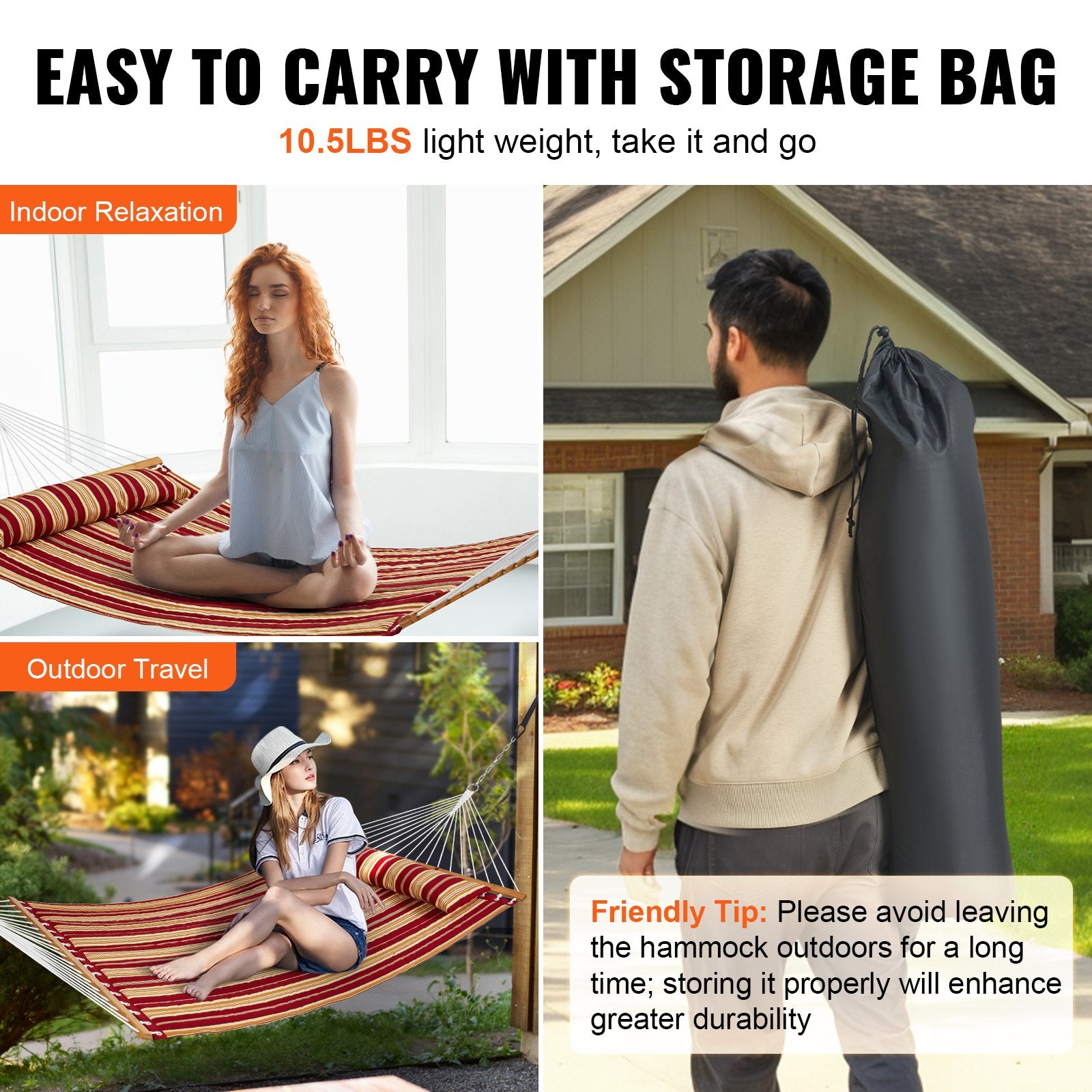 Hammock Double Quilted Fabric 12ft Hardwood Spreader Bar Detachable Pillow 480lb
