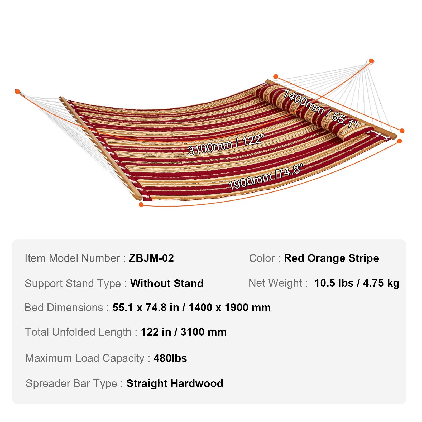 Hammock Double Quilted Fabric 12ft Hardwood Spreader Bar Detachable Pillow 480lb