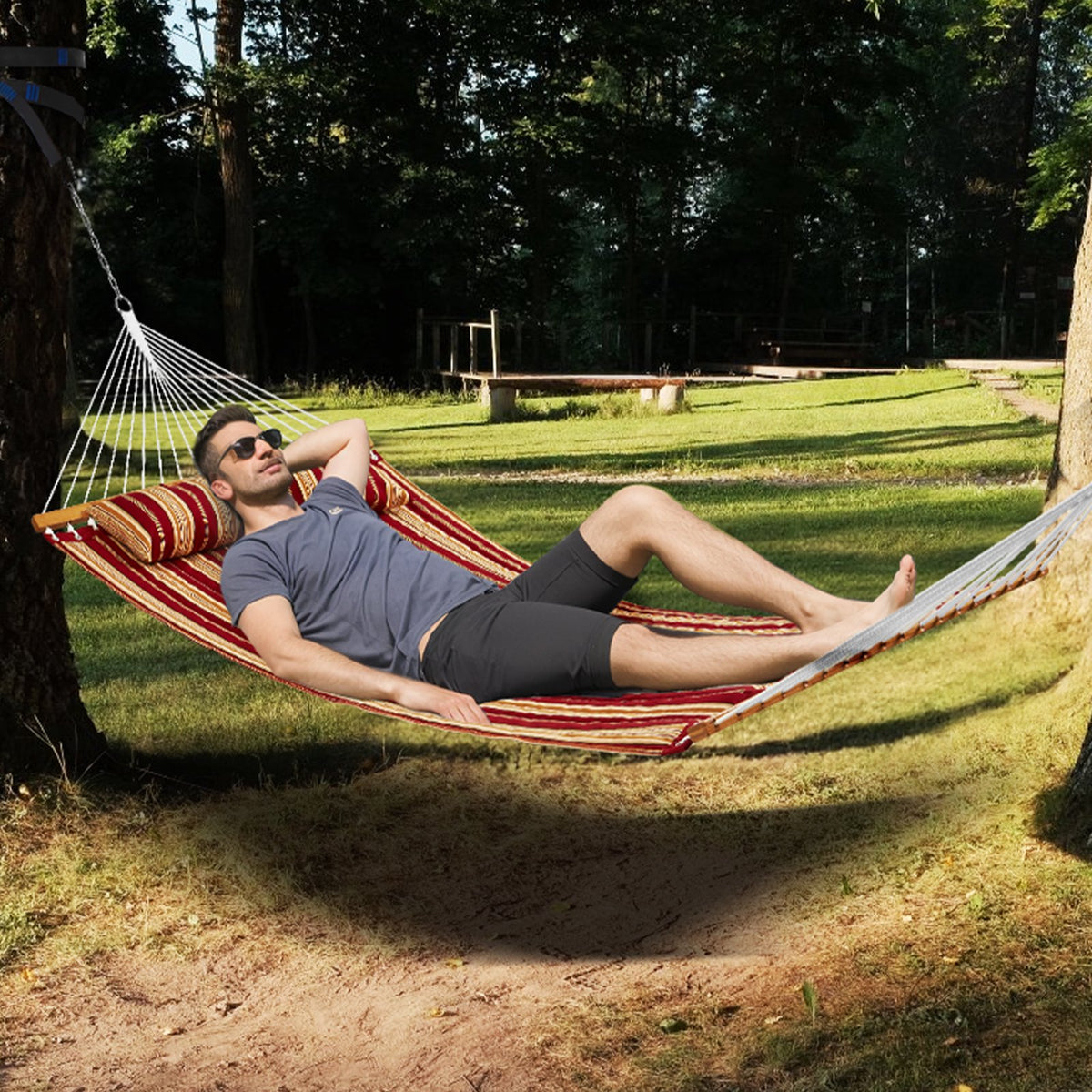 Hammock Double Quilted Fabric 12ft Hardwood Spreader Bar Detachable Pillow 480lb