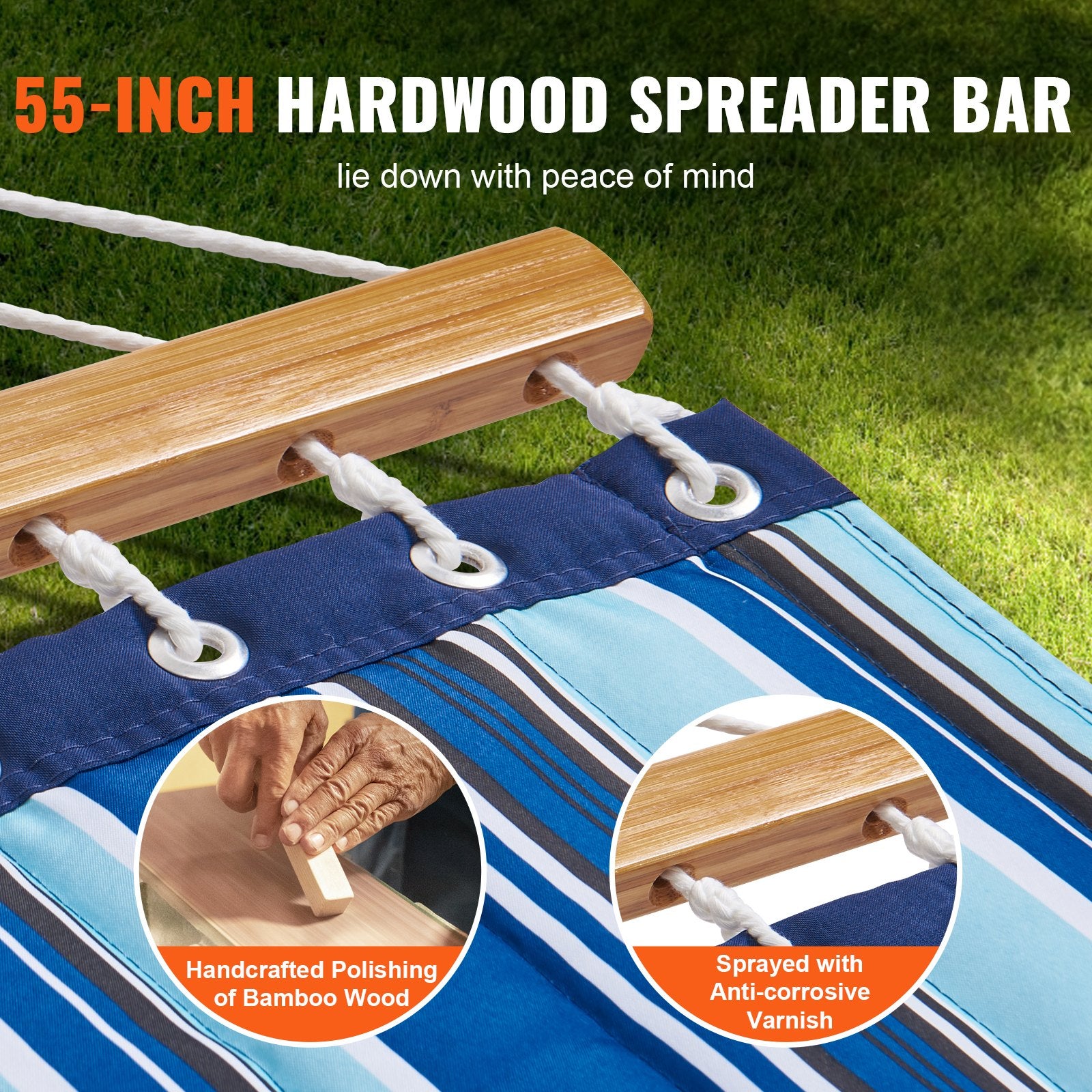 Hammock Double Quilted Fabric 12ft Hardwood Spreader Bar Detachable Pillow 480lb