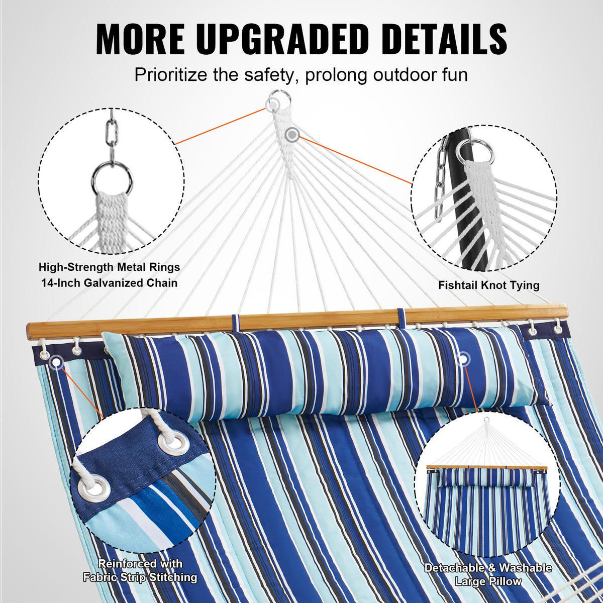 Hammock Double Quilted Fabric 12ft Hardwood Spreader Bar Detachable Pillow 480lb