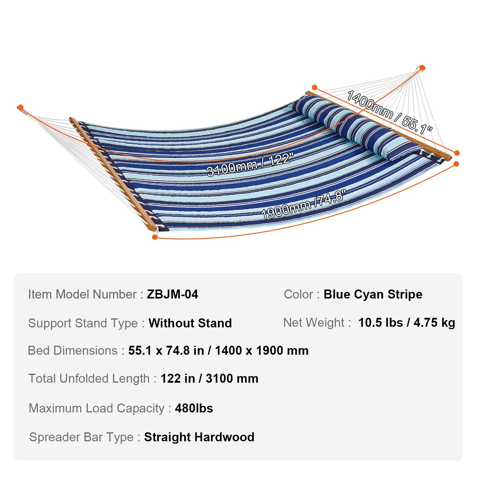 Hammock Double Quilted Fabric 12ft Hardwood Spreader Bar Detachable Pillow 480lb